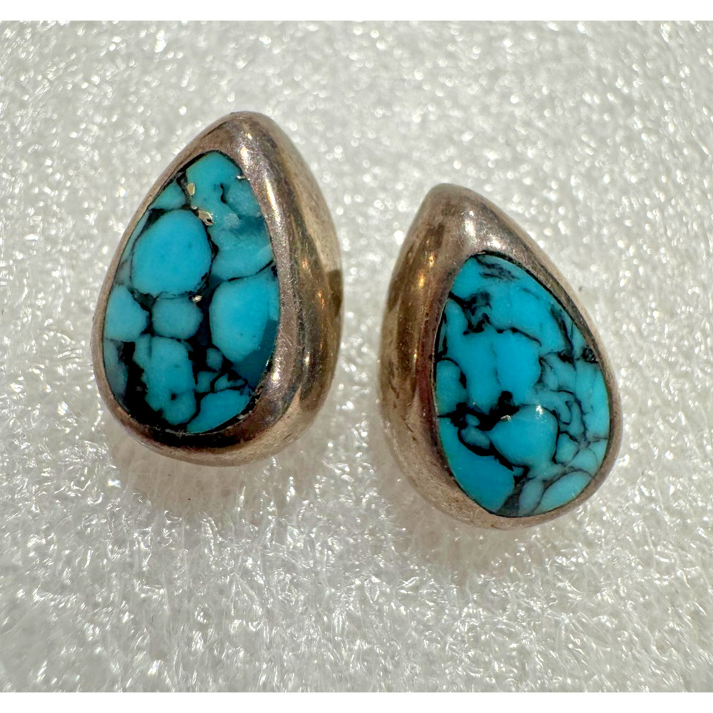 Vtg Taxco Turquoise Sterling Silver Stud Earrings Teardrop TA-18 Mexico